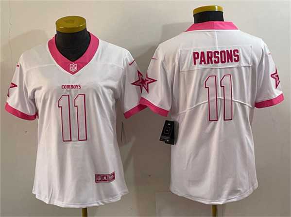 Women%27s Dallas Cowboys #11 Micah Parsons White Pink Vapor Untouchable Limited Stitched Jersey(Run Small)